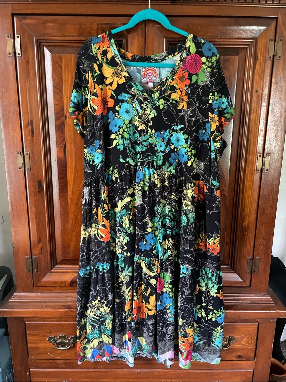 Johnny Was Black Floral Tiered Dress with Blue, Green, Orange, Yellow Accents